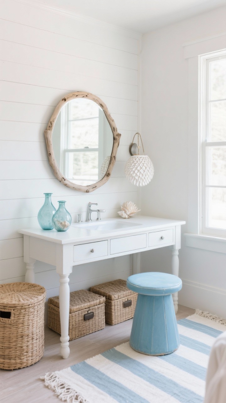 Photorealistic wide shot of a coastal capsule vanity: soft white vanity table with shaker-style legs against a white beadboard accent panel, round driftwood mirror centered above. Accents in pale blue and sand tones: sky-blue stool, striped cotton runner on the floor, ceramic sea-glass vases on the vanity. Lighting via a small capiz shell pendant or white rattan sconce, natural daylight streaming in. Storage: wicker lidded boxes tucked neatly. Fresh, breezy, beachy calm.