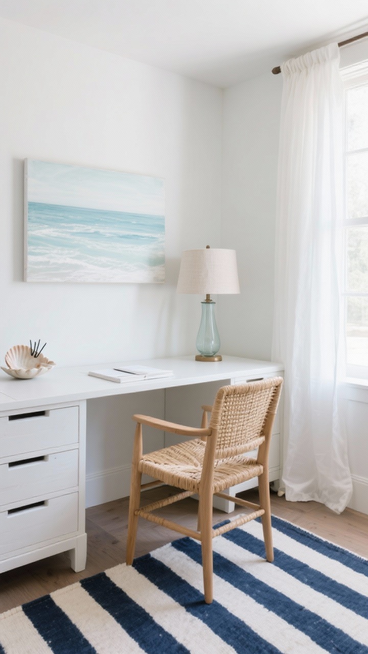 Photorealistic wide shot of a coastal crisp corner office: whitewashed desk, woven seagrass chair cushion, ocean-inspired art in soft blues and off-whites above. Sheer white curtains billow slightly, softening daylight. Striped cotton rug in navy and cream anchors the space. Minimal decor: ceramic shell dish with paper clips, glass lamp with a linen shade on the desk. Materials: white oak, rattan, linen, glass. Palette: cloud white, sea glass, navy accents. Breezy, calming, angled from the room’s corner.