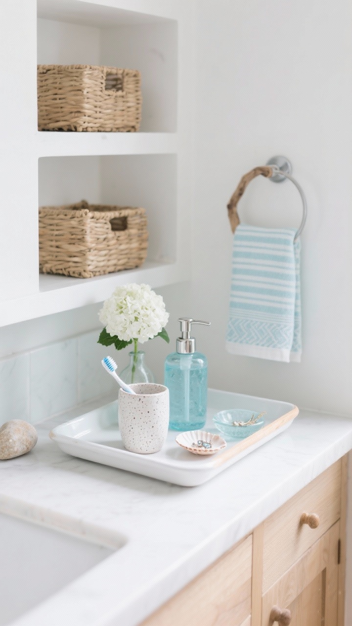 Photorealistic wide shot of a coastal fresh bathroom counter and adjacent open shelf: white enamel tray with a light oak edge corraling a speckled ceramic toothbrush cup, a sea-glass blue soap pump, and a small shell dish for jewelry. A tiny white hydrangea stem in a bud vase, a pale blue striped Turkish hand towel, and a small driftwood accent with a smooth beach stone. Echo woven baskets on open shelving. Palette: white, pale blue, light oak. Bright airy daylight, clean highlights, light breeze mood, straight-on view to showcase crisp whites and sea-glass translucency.