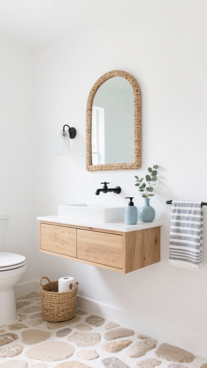 Photorealistic wide shot of a coastal minimalist half-bath: soft sea-salt white walls, natural oak floating vanity with flat-front drawers, oversized arched rattan-framed mirror; matte black faucet and hardware for crisp contrast; single reeded-glass sconce providing diffused light; sand-hued porcelain flooring that resembles beach stone. Include a woven basket for extra toilet paper, striped Turkish hand towel, misty blue ceramic soap pump, and a eucalyptus sprig in a simple bud vase. Bright, airy mood.