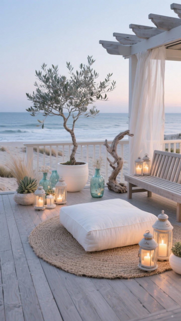 Photorealistic wide shot of a “Coastal Serenity Deck” at dusk: a low natural-wood platform deck with a pale gray stain, centered oversized ivory linen floor cushion on a woven jute rug, cluster of ceramic lanterns with warm flameless candles glowing, slim slatted bench along the railing styled with sea-glass vases and a small driftwood sculpture; silvery olive tree in a white pot, beach grass, and succulents in frosted glass planters; sheer outdoor curtain tied to one side of a pergola catching a gentle breeze. Color palette: soft sand, seafoam, driftwood gray, crisp white. Mood: breezy, beachy calm, soft coastal light.