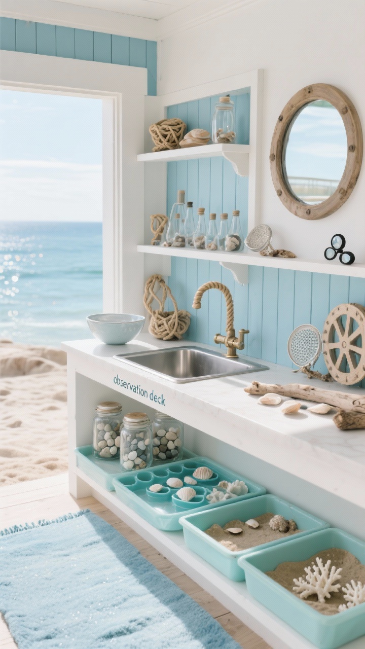 Photorealistic wide shot of a Coastal Tidepool Lab mud kitchen: a simple white frame with blue-stained slat shelves, stainless bowl sink, lower shelf holding shell trays and coral-inspired molds, clear jars filled with smooth pebbles, driftwood, and crushed shells, rope-wrapped handle, a small “observation deck” ledge with magnifiers; sensory bins featuring pale aqua-dyed water, kinetic sand, and “sea foam” bubbles; sieves, water wheels, droppers arranged neatly; nautical knots, a soft blue outdoor rug, and a faux porthole mirror; bright seaside daylight with subtle shimmer.