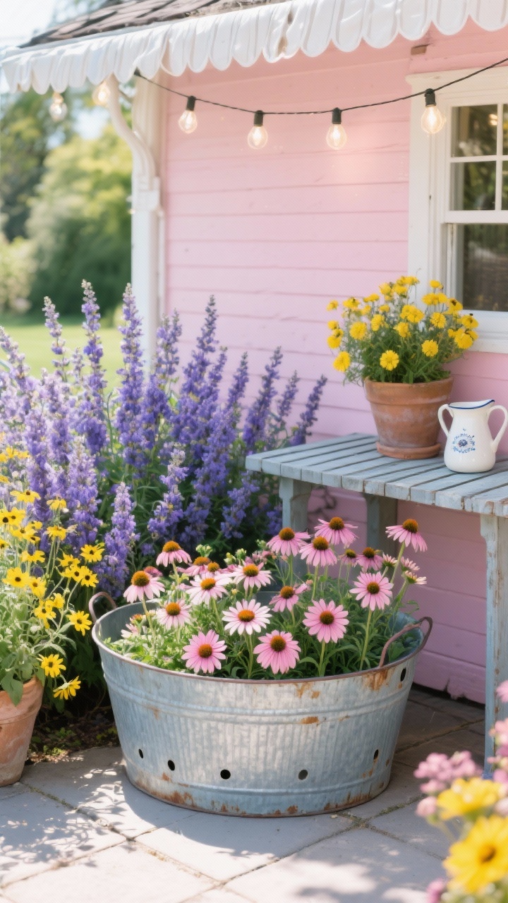 Photorealistic wide shot of a cottage-style patio corner. A vintage-look galvanized oval tub overflows with pink and white Coneflowers (Echinacea), clouds of Catmint (Nepeta) in lavender-blue weaving between, and sprigs of Coreopsis popping lemon yellow. The tub shows weathered zinc patina with added drainage holes visible. Overhead, white bistro string lights; a slatted potting table with enamel pitchers as decor. Palette: blush pink, lemon yellow, lavender-blue, weathered zinc. Lively midday sun; abundant, joyful bloom story.