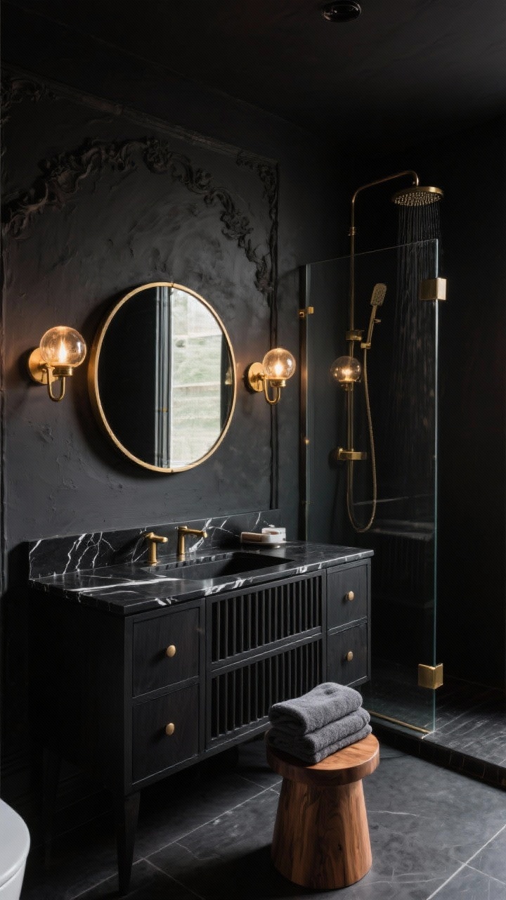 Photorealistic wide shot of a dark, luxurious bathroom: matte black walls with a charcoal Venetian plaster accent wall softly catching light; black-stained oak vanity with fluted drawer fronts and a single slab black marble countertop with white veining; large round mirror with a slim antique brass rim; pair of antique brass globe sconces casting a warm halo; framed glass shower with brushed brass hardware and a ceiling-mount rainfall head; plush graphite towels folded on a teak bath stool. Lighting moody and warm, boutique hotel after dark.