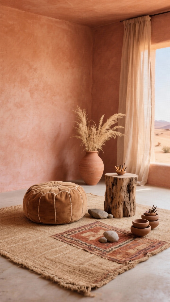 Photorealistic wide shot of a Desert Zen sanctuary: walls painted terra-cotta/adobe blush, floor layered with a large jute rug topped by a smaller faded rust-and-sand kilim. A camel suede floor pouf/meditation pillow sits beside a rough-hewn wood stump side table. Decor is sparse—large clay pot with dried grasses, a few smooth river stones, and a small stack of hand-thrown bowls for matches, sage, or palo santo. Gauzy curtains filter warm desert morning light. Color palette: sand, sienna, clay, cumin; textures: jute, suede, rough wood, clay; serene and earthy; no people.