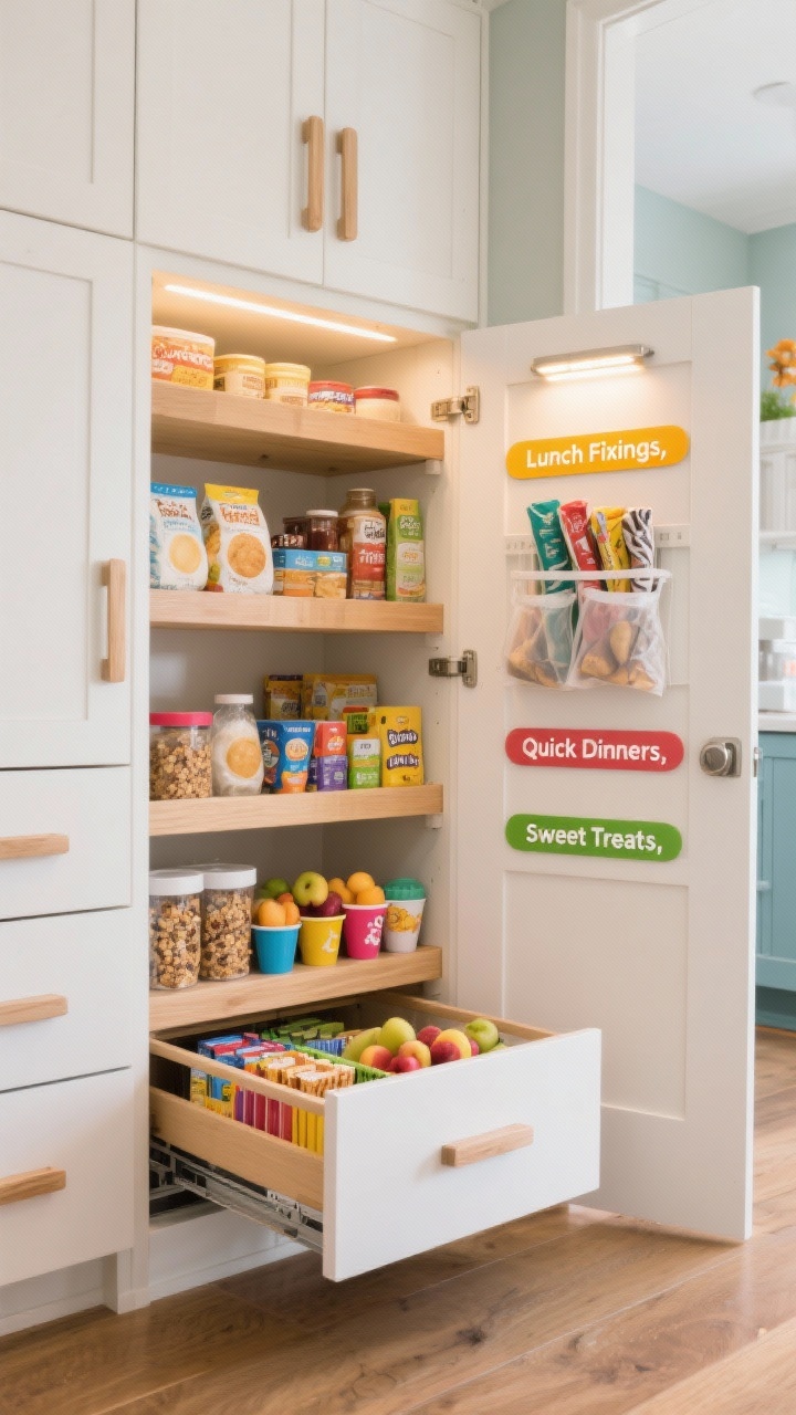 Photorealistic wide shot of a family-friendly roll-out pantry: full-extension pull-out shelves clearly zoned for breakfast, snacks, dinner bases, and baking; shallow drawers at kids’ height with colorful dividers holding granola bars and fruit cups; a sturdy door organizer for wraps and baggies; big bright labels reading “Lunch Fixings,” “Quick Dinners,” “Sweet Treats”; warm white cabinetry with natural wood accents and playful color labels; motion-sensor LEDs illuminating as if just activated; easy-grip pulls and soft-close hardware; organized, lively, practical atmosphere, straight-on view.