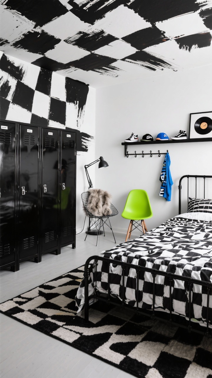 Photorealistic wide shot of a graphic monochrome teen bedroom with crisp white walls and a bold black mural moment of freehand brush strokes and checkerboard squares; black metal bed with a monochrome duvet featuring strong graphic patterns, a rug with oversized geometrics, glossy black lockers as closet-style storage; include an industrial task lamp, wire chair with a faux-fur throw, streetwear hooks, a record wall, and a picture ledge displaying sneakers and caps; one vivid accent color—acid green or cobalt—via a single colored chair; high-contrast daylight with slight city edge; shot from a low corner angle.