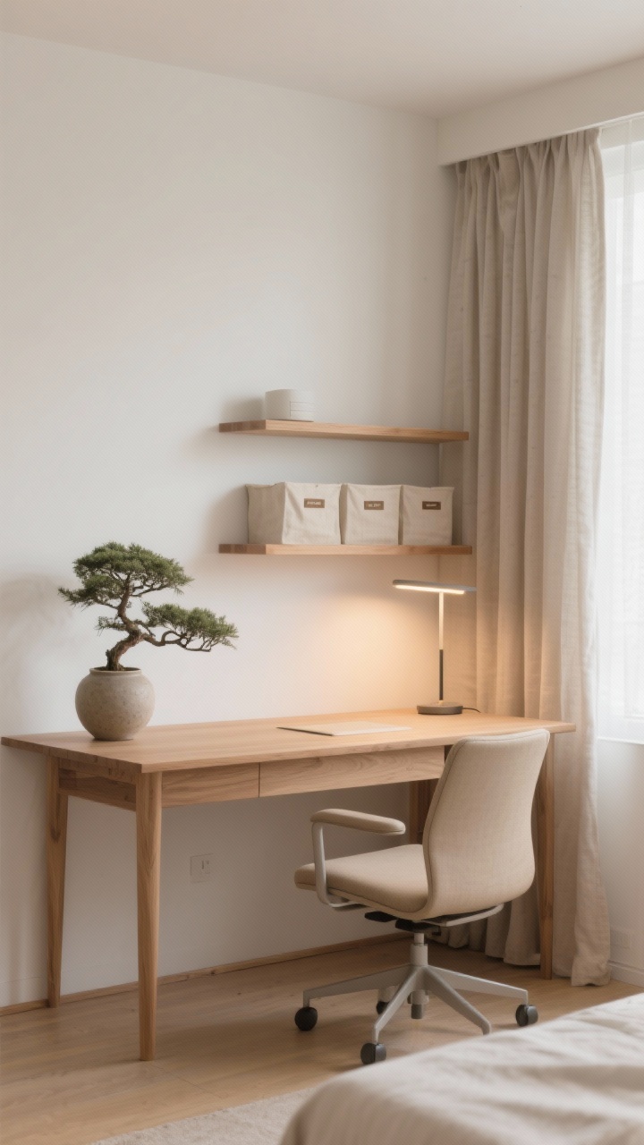 Photorealistic wide shot of a Japandi home office: a low-profile ash wood desk with clean lines against warm white walls (non-stark), a slim beige task chair, linen curtains softly diffusing natural light, floating pale oak shelves with neat linen bins (labels turned inward), a single stoneware vase and a small bonsai on the desk corner. Include a slim matte-finish LED desk lamp set to 3000K warm light. Palette: warm whites, mushroom taupe, pale oak. Serene, minimal, zero visual noise, straight-on perspective.