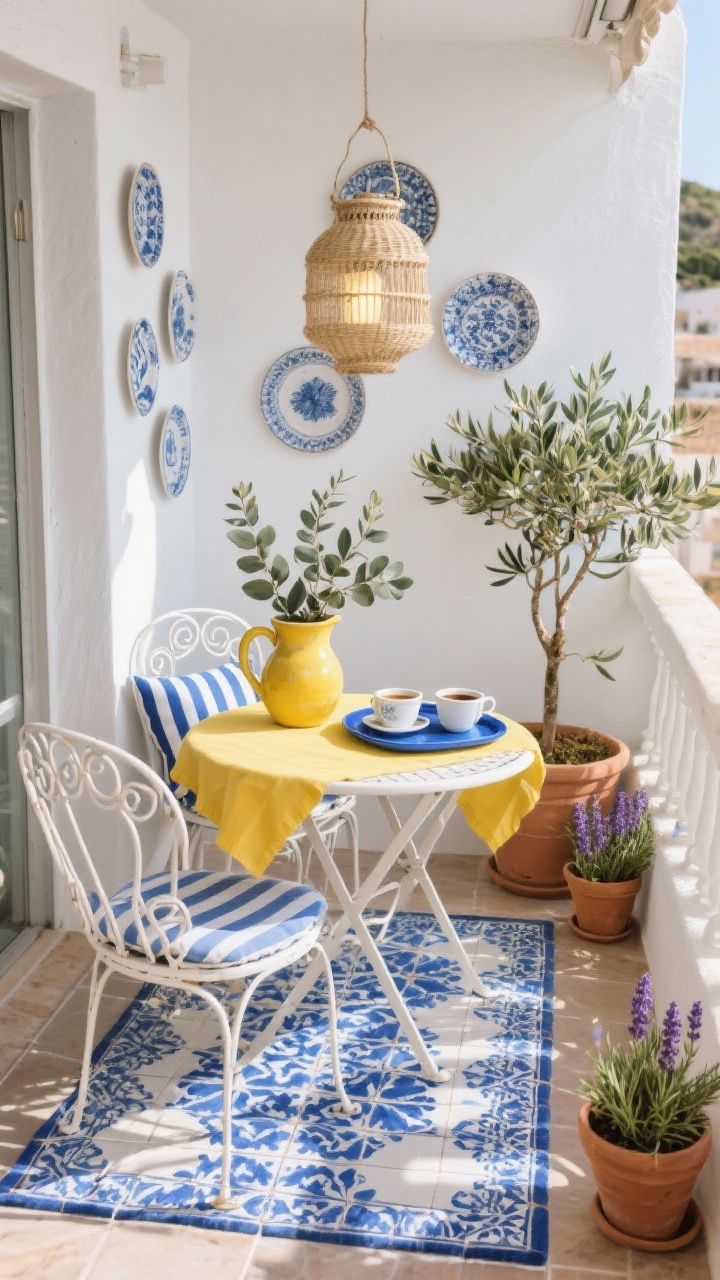 Photorealistic wide shot of a Mediterranean Breakfast Terrace on a compact balcony; blue-and-white tile-print outdoor rug under a white bistro table with curvy wrought-iron chairs; lemon yellow tablecloth and a ceramic pitcher filled with eucalyptus on the tabletop; walls decorated with weatherproof ceramic plates; a jute lantern hangs for soft ambient glow; terracotta pots with rosemary, lavender, and a small olive tree; striped cushions on the chairs; a blue enamel tray holding morning coffee cups; palette of white, cobalt blue, lemon yellow; bright morning sunlight; slight corner angle.