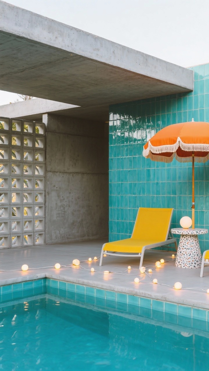 Photorealistic wide shot of a Mid-Century Cool pool: cantilevered concrete coping forming a slim, overhanging architectural edge in cement gray; waterline clad with aqua ceramic subway tiles laid vertically for a retro twist; geometric breeze block screen casting patterned shadows; retro loungers in citrus hues of lemon and tangerine; vintage-inspired umbrella with a scalloped edge; round terrazzo side tables and globe string lights ready for evening; satin concrete and glossy ceramic textures; captured from a low corner angle to emphasize the cantilever, no people.