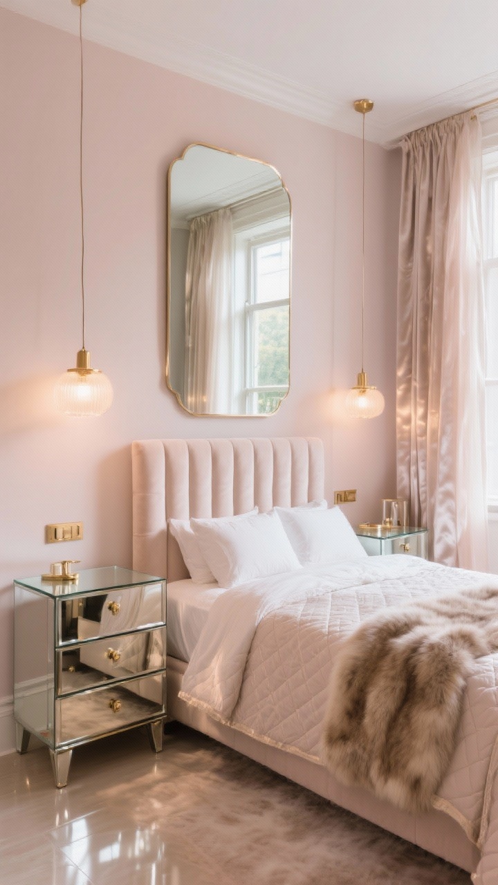 Photorealistic wide shot of a mirror-polished glam bedroom with walls in whispery blush/cool champagne, a pale velvet channel-tufted headboard, mirrored nightstands, and a glass-top console doubling as a vanity; a large statement mirror hung opposite a window to double daylight; gauzy curtains, satiny quilt, pendant lights flanking the bed to free surfaces and elongate the room; brushed brass hardware and a faux-fur throw for cozy glam; reflective surfaces and vertical lighting emphasized; bright, glowing atmosphere; straight-on view.