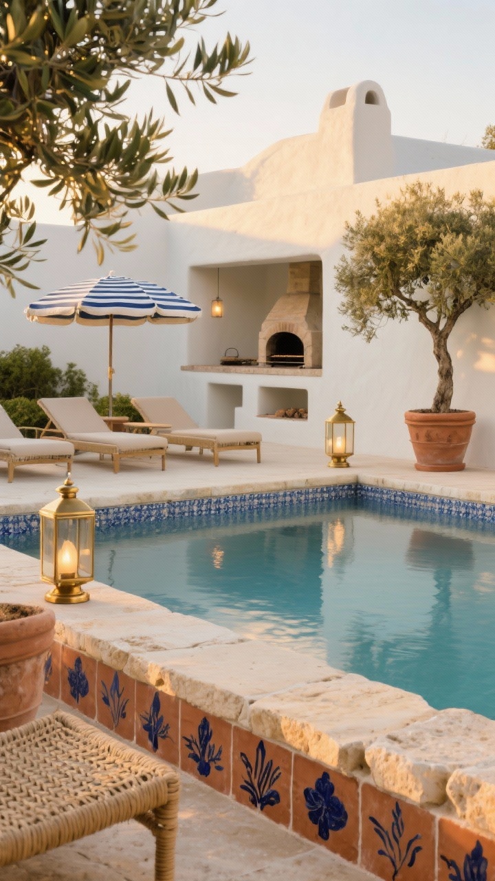 Photorealistic wide shot of a Modern Mediterranean pool scene at golden hour: tumbled limestone coping in warm cream with slightly softened edges, waterline band of hand-painted terracotta tiles featuring inky deep marine blue motifs; olive trees in terracotta pots flanking the pool, woven chaise lounges with striped umbrellas, a whitewashed stucco grill station in the background; matte, chalky, artisanal textures; brass outdoor lanterns ready to glow; color palette of cream, sunbaked terracotta, deep marine blue; straight-on perspective capturing the full vibe, no people.