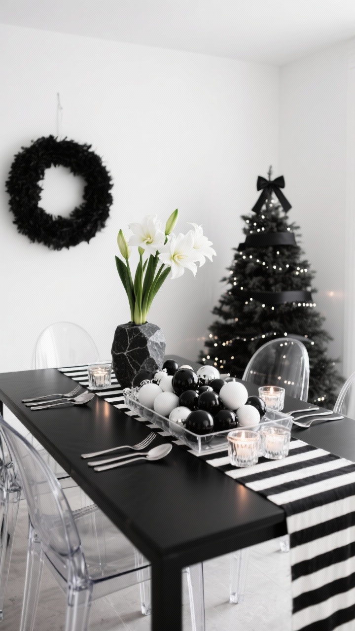Photorealistic wide shot of a modern monochrome dining room: white walls, black dining table, ghost chairs, and a black-and-white striped runner. On the table, a clear Lucite tray filled with mixed-size matte black ornaments and glossy white baubles, interspersed with clear glass tea lights and a few mercury-glass votives; a sculptural bunch of white amaryllis or paperwhites in a black stone vase. Chrome flatware at place settings. A single oversized black wreath on a nearby wall and a Christmas tree in black ribbon and white lights. Clean lines, high-contrast, crisp lighting.