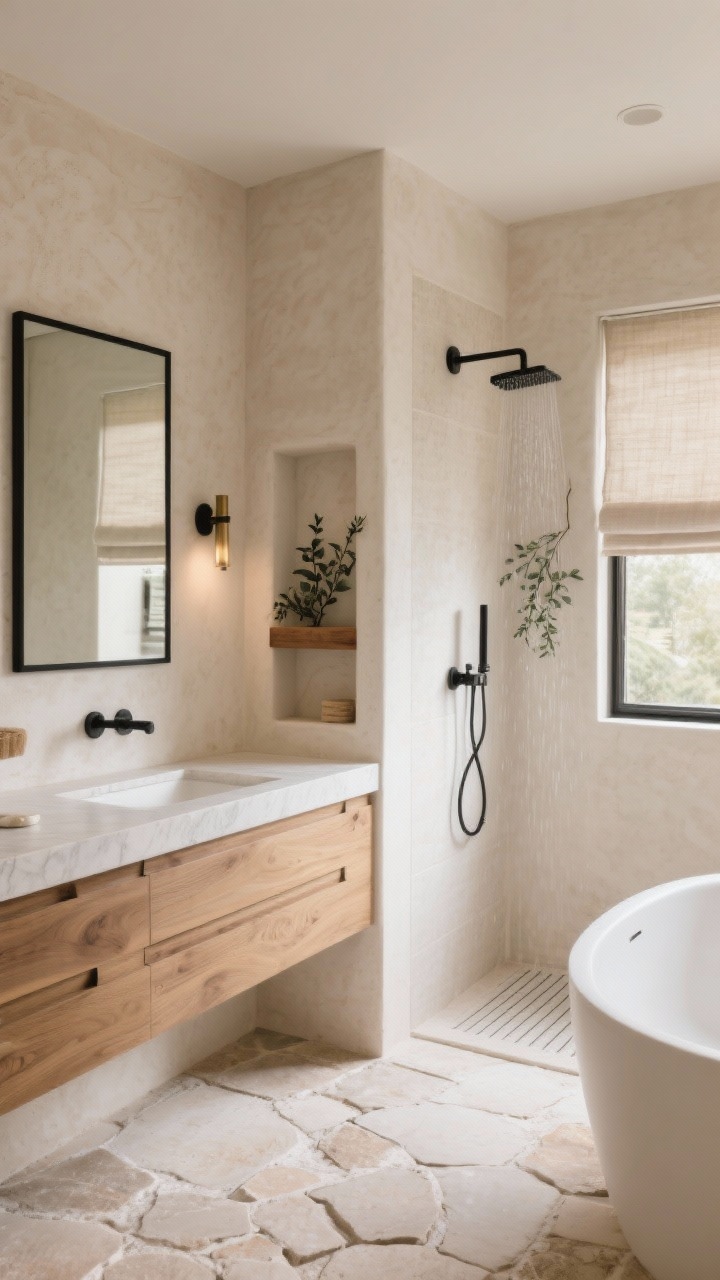 Photorealistic wide shot of a modern organic spa bathroom: creamy microcement walls, floating white oak vanity with integrated pulls, honed quartz countertop, matte black framed mirror; curbless walk-in shower with linear drain and rainfall head, ultra-clean lines; tumbled travertine floor and plaster-look tile; freestanding tub beside a window with linen Roman shades and a slim floor-mounted filler; recessed niche with a teak shelf holding an eucalyptus bundle; dimmable sconces in matte black or aged brass; soft palette of warm beiges, clay, and cloud white; calm, serene mood with soft natural daylight