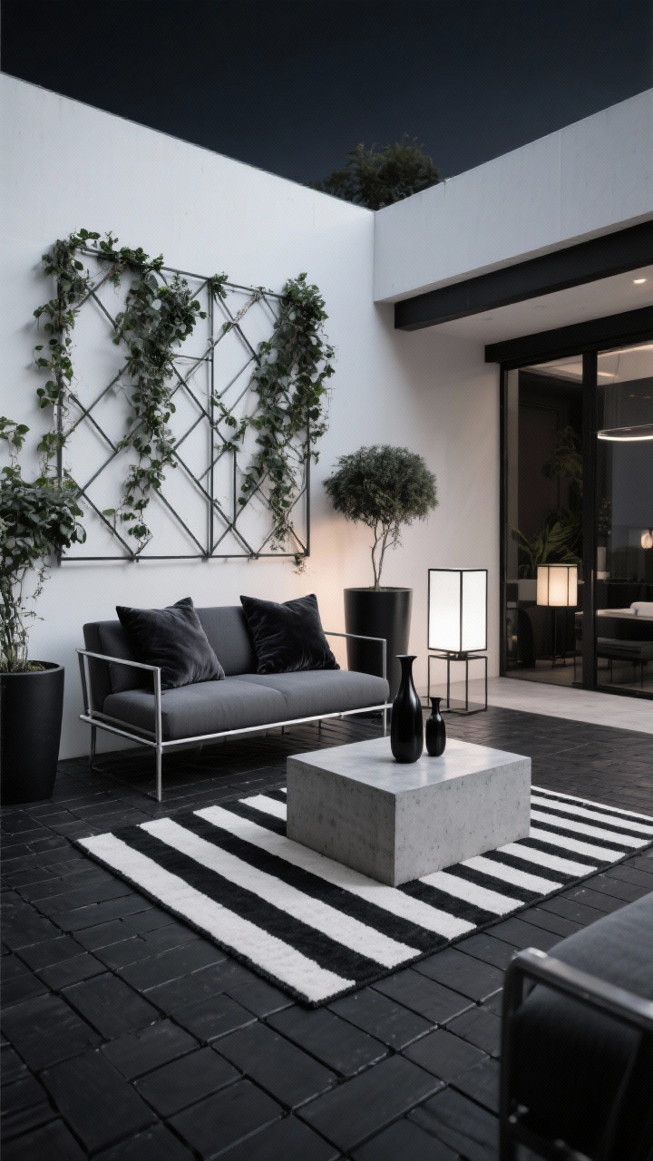 Photorealistic wide shot of a Monochrome Modern Lounge; interlocking black deck tiles and a bold striped black-and-white rug define the seating zone; powder-coated aluminum sofa with charcoal cushions; concrete-look side table; sculptural decor: geometric metal wall trellis with climbing ivy, cylindrical planters in matte black and white; LED cube lantern emitting a cool glow; graphite velvet pillows and a black carafe set on the table; palette of black, white, graphite; crisp, dramatic evening scene; architectural straight-on angle.