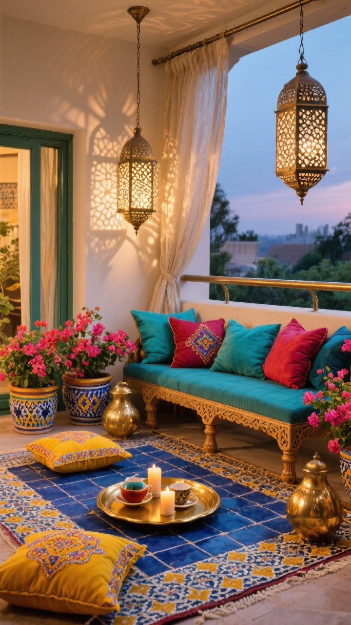 Photorealistic wide shot of a Moroccan-inspired balcony retreat: patterned tile-look rug in cobalt and saffron, low Moroccan bench with carved legs piled with jewel-toned cushions in teal, ruby, and marigold. Embroidered floor pillows scattered on the rug, a brass tray table set with tea and candles. Pierced metal lanterns hang and cast intricate shadow patterns; sheer curtains on a tension rod soften the railing. Bright ceramic planters with bougainvillea and geraniums add vivid color. Metallic accents in brass and antique gold, warm twilight atmosphere.