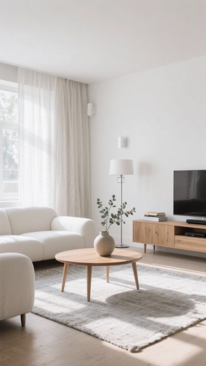 Photorealistic wide shot of a Nordic Light Lounge living room on a sunny morning: crisp white walls, a low-profile ivory sofa with rounded arms, simple oak coffee table, pale gray flatweave wool rug, oversized linen curtain softly filtering daylight, slim oak media console keeping tech hidden, brushed steel floor lamp, small matte-white sconces, and minimal styling with a single ceramic vase, a tiny stack of books, and a eucalyptus branch. Light, airy mood with soft natural light and gentle shadows.