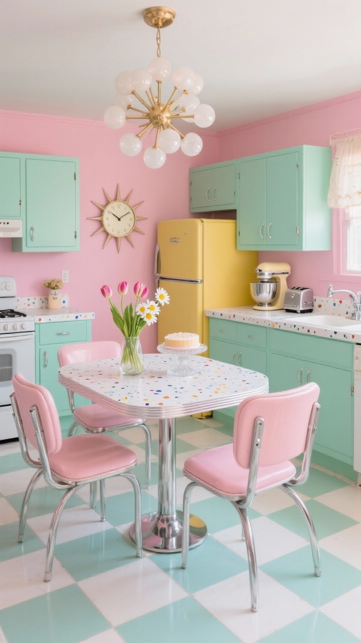 Photorealistic wide shot of a Palm Springs–inspired retro kitchen: mint green cabinets, blush pink walls, buttery yellow retro fridge in the corner, glossy chrome hardware and fixtures, white terrazzo countertops with colorful flecks, checkerboard floor in ivory and pale mint. Include a curvy boomerang laminate breakfast table with chrome-legged diner chairs, a starburst wall clock, tulip vase with daisies, milk-glass cake stand, and blush retro-look toaster and stand mixer on the counter. Light the scene with a sputnik chandelier with frosted globes for dreamy glam; shoot straight-on to emphasize color harmony and shine.