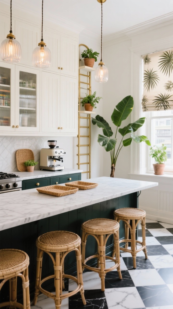 Photorealistic wide shot of a Paris-meets-palm boho bistro kitchen: ivory shaker cabinets with reeded glass uppers, black-and-white checkerboard floor, Carrera-look quartz countertops; bamboo counter stools at the peninsula, palm-print roman shades, rattan trays beside a retro espresso machine; a brass library rail with a rolling ladder along upper cabinetry; fluted glass pendants with warm bulbs and potted herbs on the sill with a tall fiddle leaf fig in the corner; bright café-style daylight, straight-on composition.