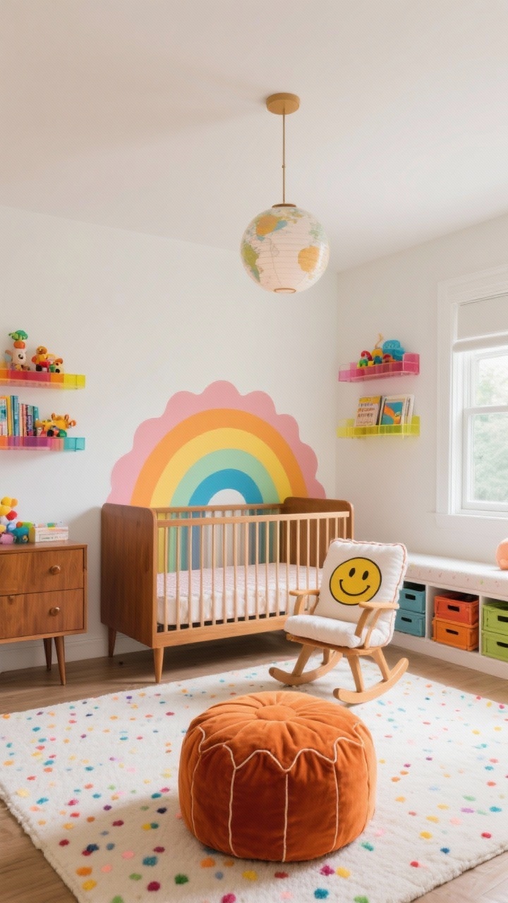 Photorealistic wide shot of a Retro Rainbow Playroom Nursery: warm white walls with a scalloped arched painted rainbow behind the crib in dusty rust, blush, mustard, sage, and denim; mid-century walnut crib and tapered-leg dresser; confetti-speckled rug; burnt orange velvet pouf; rainbow-hued acrylic shelves displaying toys and books; globe pendant light centered; glider with a playful smiley-face pillow; stacking crates in coordinated colors under a window seat; cheerful, nostalgic atmosphere.