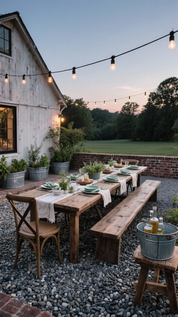 Photorealistic wide shot of a rustic farmhouse dining setup at dusk: pea gravel patio bordered with brick, a 10-foot reclaimed-wood farmhouse table with cross-back chairs and a long bench on one side, black string lights suspended via a simple post-and-cable system casting warm glow, galvanized metal planters filled with herbs along one edge, a vintage-inspired drink station—metal tub on a wood stand—with enamel dinnerware and linen runners; palette of weathered wood, cream, sage, iron black; crunchy gravel texture underfoot.