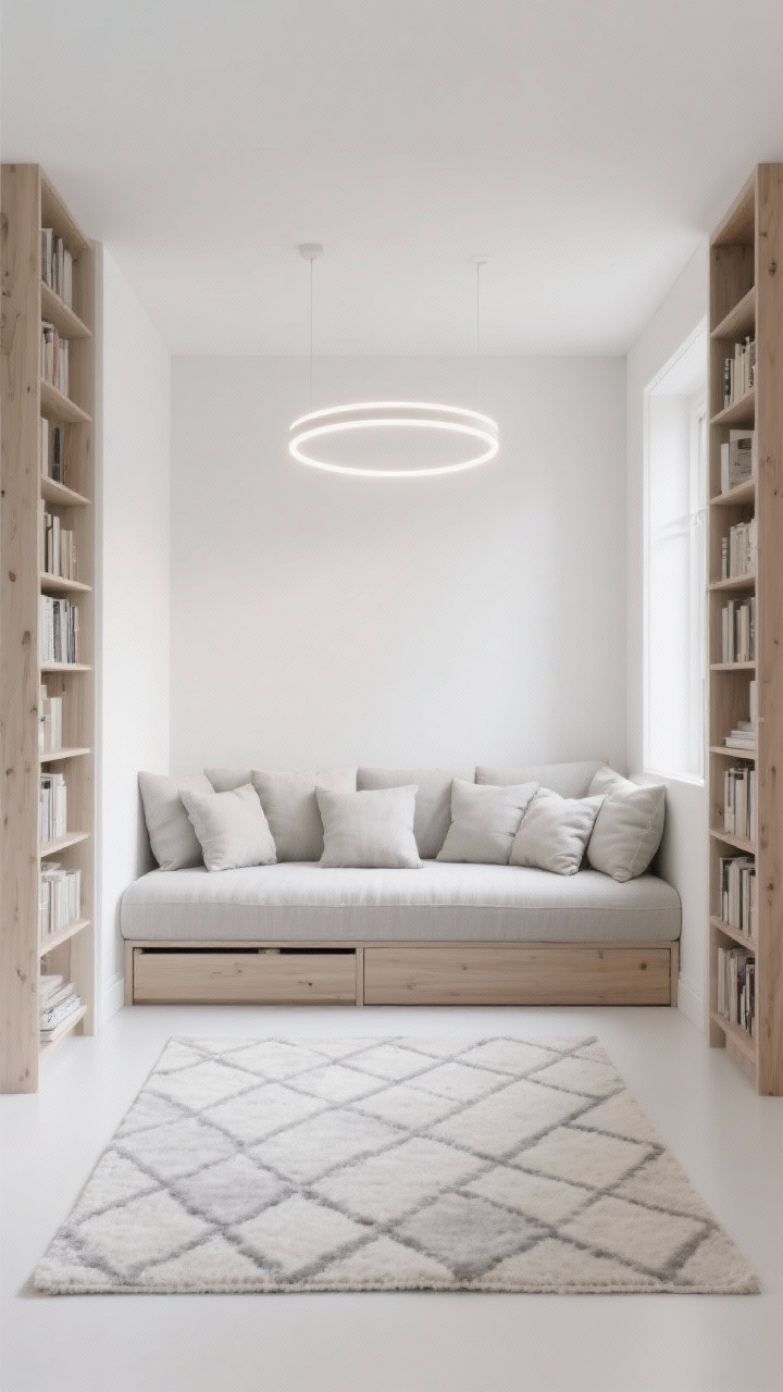 Photorealistic wide shot of a Scandinavian daybed nook in cool white, a clean-lined daybed positioned lengthwise against the longest wall with a trundle drawer, piled square and bolster cushions so it reads like a sofa by day; geometric wool rug in pale grays anchoring the zone; sculptural LED ring light overhead creating a modern halo without bulk; tall, narrow ash wood bookcases flanking the daybed to frame the nook and draw the eye up; crisp white, dove gray, and ash wood palette; straight-on perspective to emphasize vertical lift and perceived alcove.