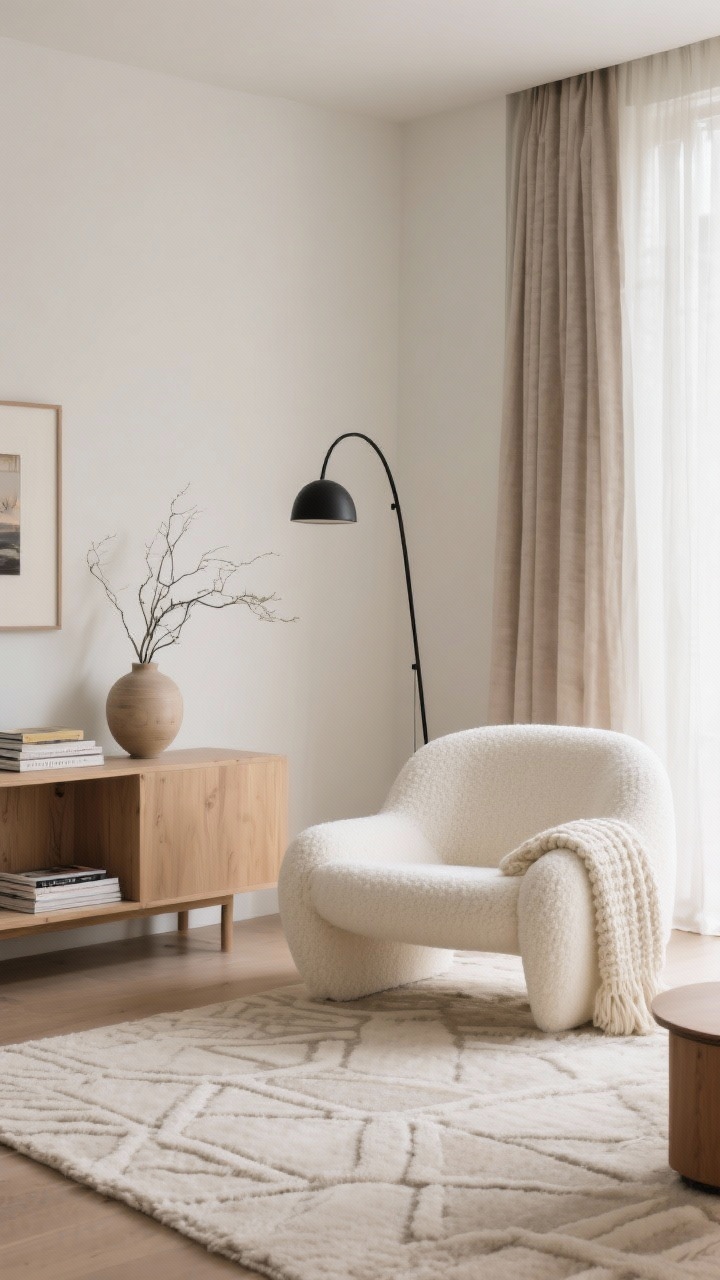 Photorealistic wide shot of a serene soft-neutrals sanctuary anchored by a low sculptural bouclé lounge chair in creamy ivory on a plush wool rug with a subtle geometric pattern; behind it, a light oak console with a ceramic vase holding airy branches; a matte black arc floor lamp echoing the chair’s curves; warm whites, soft beiges, gentle taupe palette; linen drapes pooling slightly, stacked art books on the console, a creamy knit throw on the chair arm; minimal wall art and generous negative space; soft daylight filtering through the drapes, calm boutique-hotel mood, materials include bouclé, light oak, ceramic, matte black metal; straight-on perspective, wide room composition.