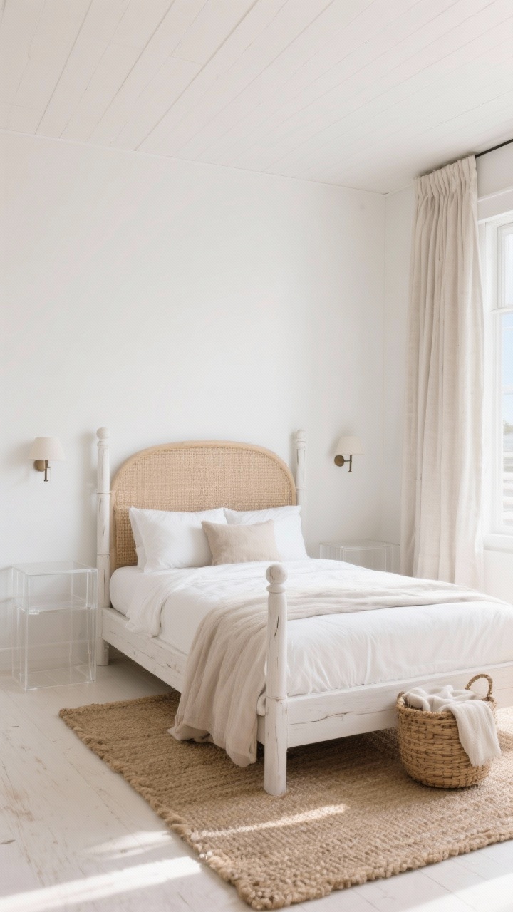 Photorealistic wide shot of a small coastal bedroom in daylight, walls and ceiling painted the same soft oyster white/pale sand, floor-to-ceiling linen curtains in a matching tone lifting the eye, a whitewashed wood bed with slim posts and a rattan headboard, paired acrylic nightstands that visually disappear, wall-mounted sconces instead of lamps, a jute rug layered under the bed, and a woven basket at the foot for throws; palette of creamy whites, driftwood taupe, and coastal beige; airy textures and light woods emphasized; straight-on perspective to showcase sky-high lines and dissolved boundaries.