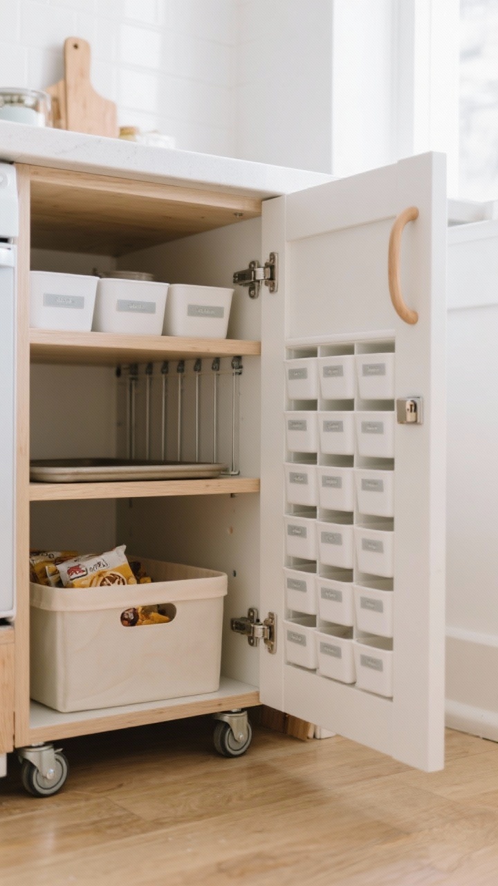 Photorealistic wide shot of a small rental kitchen peninsula with a custom narrow rolling pantry cart partially slid under the counter; cart finished in pale Scandi birch with curved finger pulls and hidden lockable casters; interior visible with tension dividers for baking sheets, a low tote for snacks, and a tidy grid of white labeled bins with soft gray labels; clean, airy palette of pale wood and white; soft natural daylight from the side; low vantage point slightly angled to emphasize the under-counter parking.