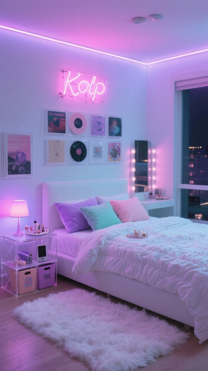 Photorealistic wide shot of a Soft Neon K-pop glow dorm at night: white ruched bedding with pastel pillows (lavender, blush, mint) on a bed next to a fluffy white shag rug. LED strip lights around the ceiling, a pink neon sign on the wall, and a color-changing lamp casting soft lilac and pink hues. A gallery wall of album covers and minimalist posters in acrylic frames. Clear vanity tray with jewelry and skincare on an acrylic side table, cube shelf with pastel bins holding tech and merch, and a vanity mirror with lights. Palette: white, pastels, electric pink, soft lilac. Moody, colorful glow.