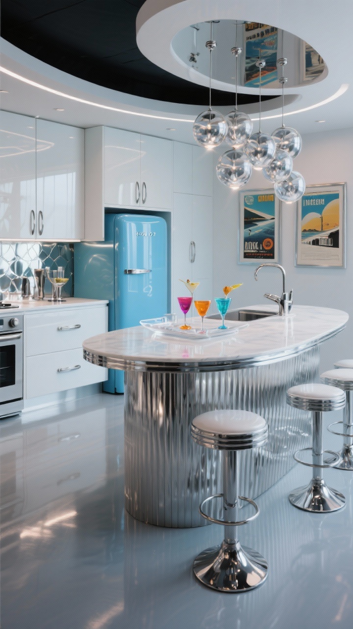 Photorealistic wide shot of a space-age glam kitchen: lacquered white cabinets with rounded corners, curved island wrapped in ribbed aluminum, mirror-finish backsplash reflecting light. Cobalt blue retro fridge as the anchor color, neon-accent barstools, pendant cluster of smoked-glass globes above the island. Poured epoxy floor in pearl gray, glossy and seamless. Include polished chrome pulls with futuristic profiles, a bar zone with lucite tray, colored coupe glasses, and a chrome cocktail set; retro travel posters in metallic frames. Dramatic, glossy lighting with crisp highlights; shoot from a low corner angle to emphasize curves and reflections.