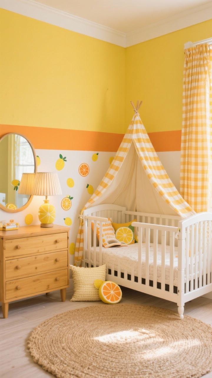 Photorealistic wide shot of a Sunny Gender-Neutral Citrus Pop nursery: buttery yellow walls with a half-painted citrus stripe, crisp white trim, white spindle crib, honey-toned dresser, removable citrus decals (lemons and oranges) scattered playfully, striped tent-style canopy over a reading corner with floor cushions, jute rug underfoot, leaning mirror reflecting light, cheerful gingham curtains; sunny table lamp with a pleated shade turned on for a golden-hour glow; palette of butter yellow, white, honey wood, soft orange.