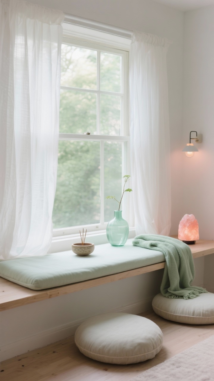 Photorealistic wide shot of a sunny window ledge sanctuary: thin cushion bench pad on the sill, two rounded floor cushions below for kneeling, gauzy white cotton sheers drifting in daylight. Soft sage accents—a tiny ceramic incense bowl, minty frosted glass vase with a single stem, pale green throw folded neatly. Small salt lamp glowing blush at dusk. Include a clip-on dimmer light subtly washing the window frame. Colors: white, sage, pale wood, blush. Serene, airy ambiance.