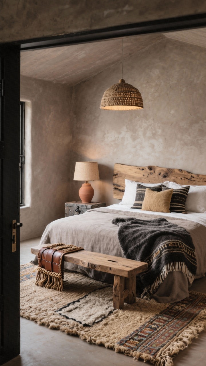 Photorealistic wide shot of a Textured Earthy Layer Cake bedroom with tactile depth: taupe limewash wall adding soft movement; live-edge wood bed layered with stonewashed linen, a wool Moroccan blanket, and handwoven pillows in wheat and charcoal; floor layered with a jute rug topped by a shag Beni Ourain for plushness, with a third flat-weave accent peeking; tactile bench with leather strap or woven cord; rough-hewn nightstand with iron hardware; clay table lamp and a textured drum pendant emitting a soft evening glow; palette of wheat, taupe, charcoal, clay, black; angled perspective from the doorway.