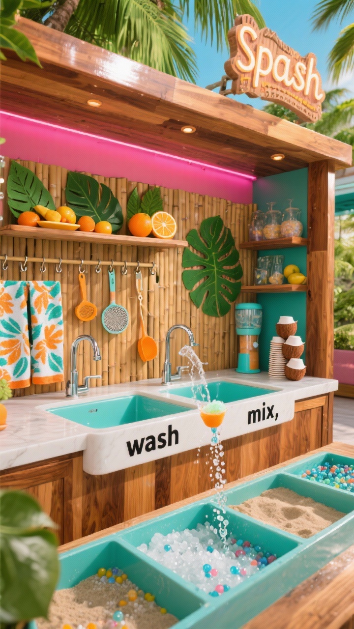 Photorealistic wide shot of a Tropical Splash Bar: teak/acacia wood frame with high-gloss varnish reflecting sunlight, double sink labeled “wash” and “mix,” citrus-stand shelf with faux fruit and leaf trays, bamboo screen backdrop with hooks for scoops and strainers, bubble dispenser and stack of coconut cups; sensory bins with water beads, crushed ice, and sand slush; mini rain chain funneling water into the sink; decor featuring monstera cutouts, palm-print towels, and a tiki-style sign; vibrant lighting with lush greens, hot pink, mango orange, and turquoise.