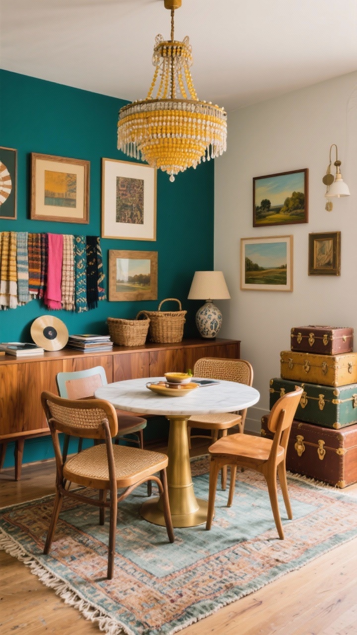Photorealistic wide shot of a “Vintage Bazaar Mix” small dining/work area: mismatched vintage chairs around a small round table used as both dining and desk, a Turkish runner layered over a faded flatweave rug, mid-century credenza holding records, baskets, and a ceramic lamp; overhead, a beaded chandelier as the showstopper; colors of saffron, teal, raspberry with burnished wood tones; wall art mixing framed fabric swatches and small oil landscapes; stacked trunks serving as a side table with hidden storage; cohesive materials of wood, brass, and woven textures.