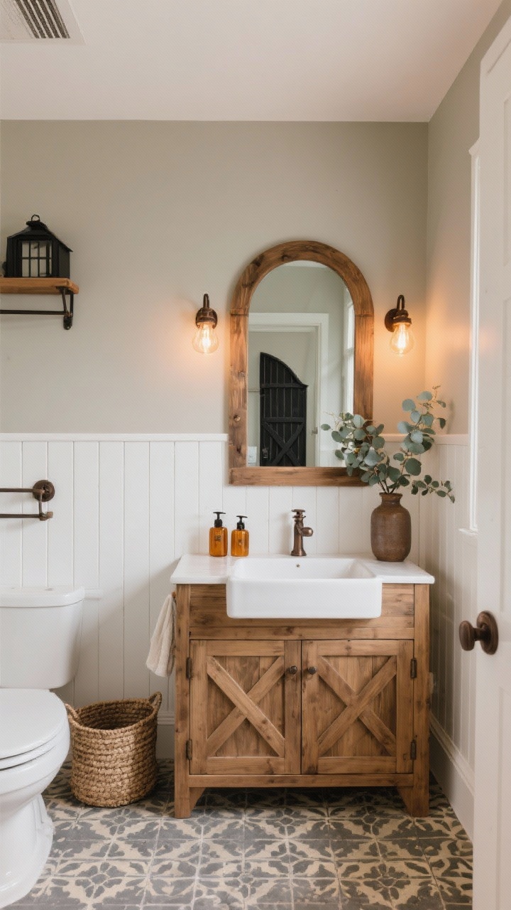Photorealistic wide shot of a warm modern farmhouse bathroom: white beadboard installed vertically to waist height with soft greige paint above; mid-tone wood vanity with X-detail doors and a farmhouse apron sink; patterned encaustic-look floor tile in muted charcoal and cream; oil-rubbed bronze fixtures; arched wood-framed mirror and black barn-style sconces with warm LED bulbs; styling details include amber glass soap dispensers, a vase of eucalyptus, and a woven hamper; cozy, family-friendly atmosphere