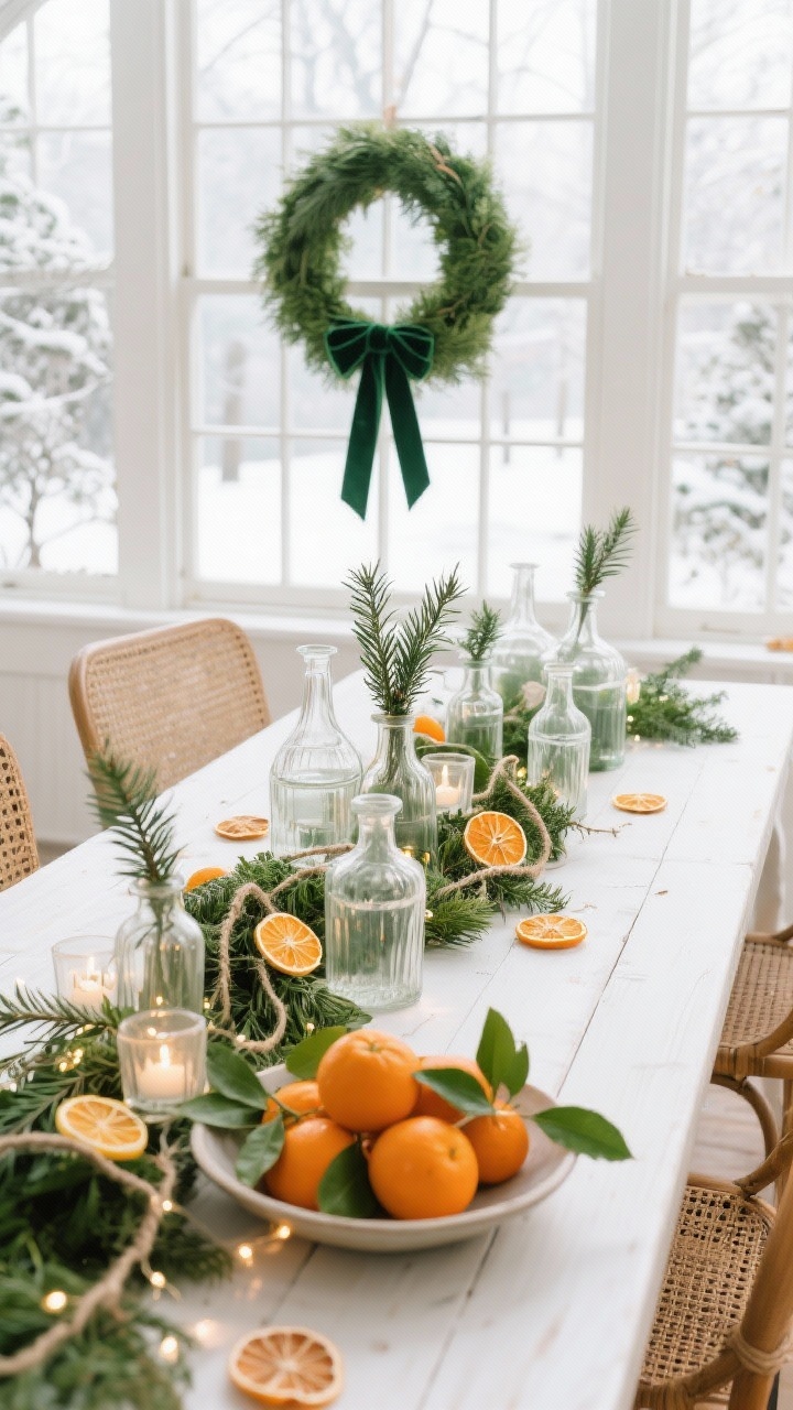 Photorealistic wide shot of a winter citrus conservatory dining setup: sunlit windows behind a white farmhouse table with rattan or cane-back chairs; a simple green wreath hung in the window with a velvet ribbon. Down the center, clusters of clear glass apothecary bottles and vintage bud vases filled with snipped cypress, rosemary, and thyme; twine threaded with dehydrated orange and lemon slices draping through the greenery. A shallow bowl heaped with fresh clementines and bay leaves. Micro fairy lights woven among the greens and a few clear glass votives. Bright palette of green, white, and sunny orange.