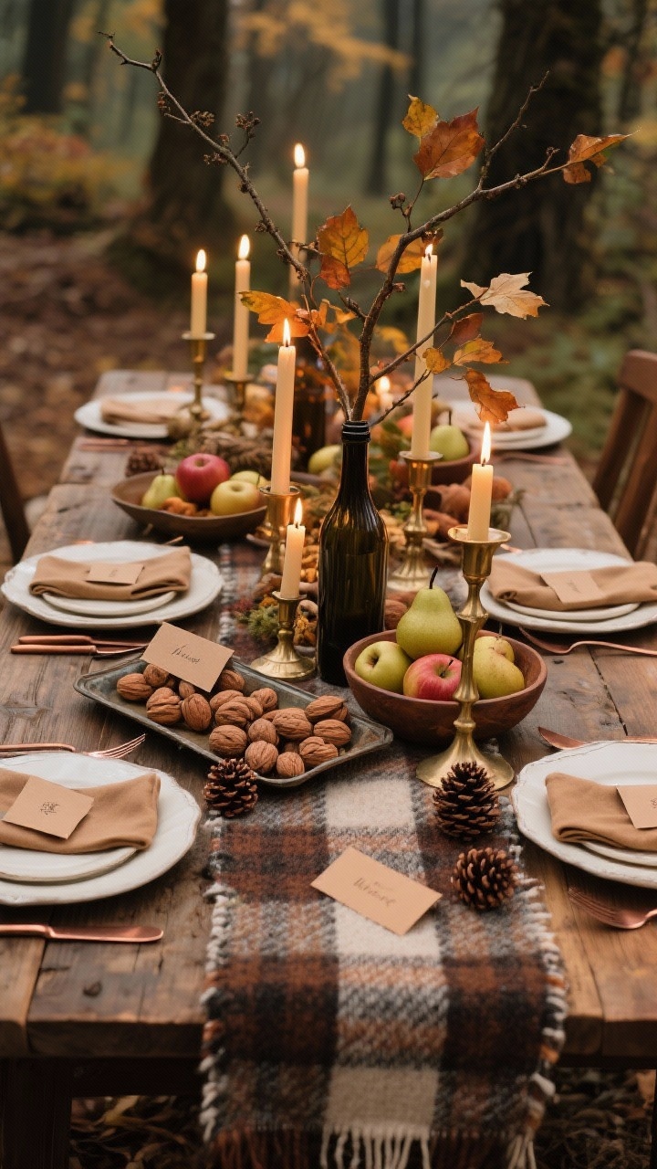 Photorealistic wide shot of a woodland harvest dining setup: a plaid wool runner (or tweed remnant) spans a rustic wood table. Tall bottles hold foraged branches with turning leaves, creating organic height. Vintage trays and bowls brim with apples, pears, and walnuts. Place settings show warm off-white plates, copper flatware, and cinnamon-hued napkins. Brass candlesticks of varying heights with beeswax tapers provide layered glow. Kraft-paper place cards pinned to mini pinecones at each setting. Cozy, abundant autumn mood with warm candlelight.