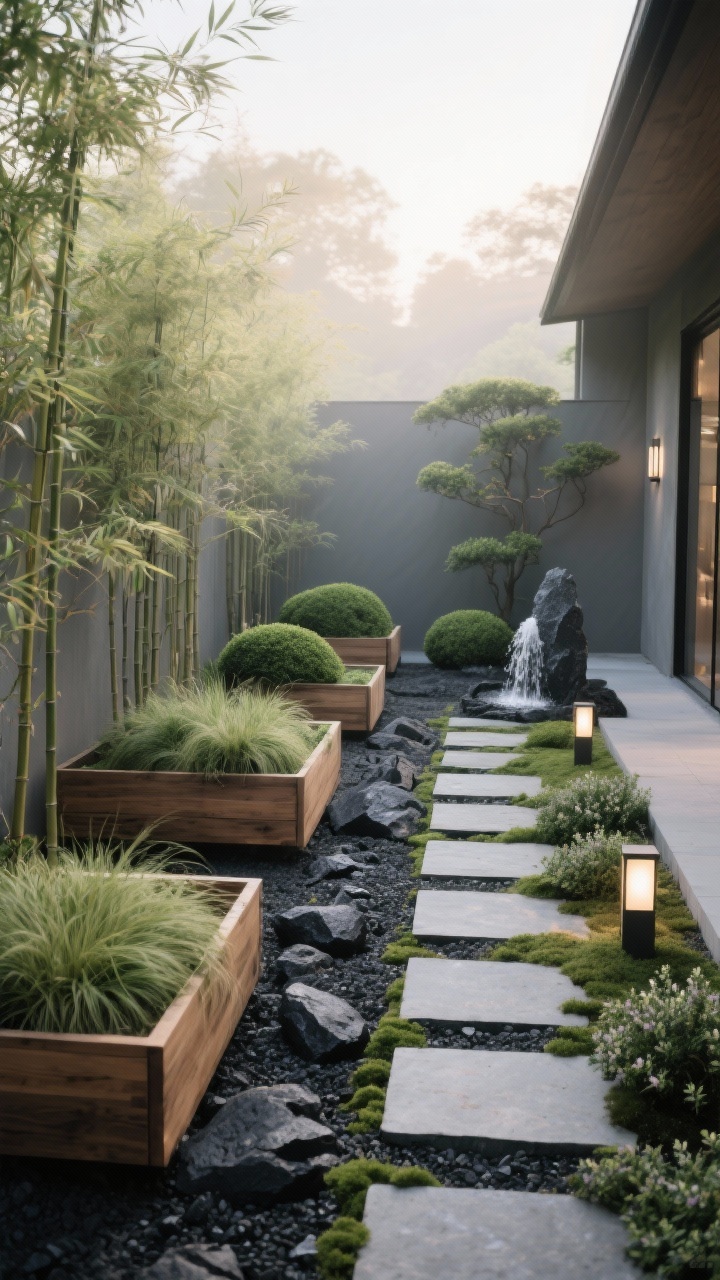 Photorealistic wide shot of a zen-inspired side yard in soft, diffuse morning light; low, rectangular natural cedar planter boxes arranged rhythmically; plantings of Japanese forest grass for gentle movement, low boxwood mounds as punctuation, and dwarf bamboo or Nandina for height; surface finished with black lava rock; a small basalt fountain nearby providing tranquil sound; path of stepping stones set in gravel with groundcover thyme between; low bollard lights and subtle spotlights on foliage; soothing palette of moss, charcoal, bamboo, and stone gray; overhead/oblique angle to showcase repetition and serenity.