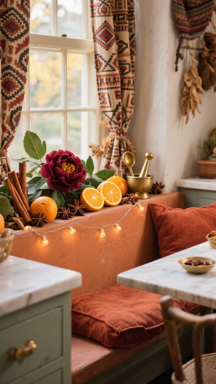 Photorealistic wide shot of an eat-in kitchen breakfast nook with warm afternoon light. A terracotta-toned window box brims with bay leaves, cinnamon sticks, star anise, dried orange wheels, and lush burgundy peonies (faux). Tiny brass measuring spoons and a mini mortar and pestle nestle among the spices. A micro light strand weaves through the arrangement to make the oranges glow from within. Patterned cafe curtains in a kilim or block print frame the window; a rust-colored cushion sits on the bench to echo the terracotta. Color mix: terracotta, saffron, burgundy, evergreen. Textures: rough clay, glossy citrus, papery spices. Warm, festive market vibe.