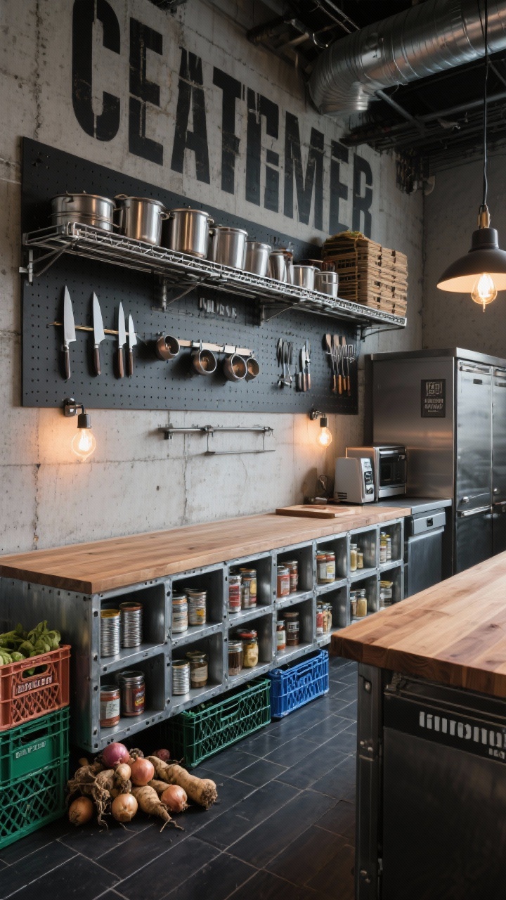 Photorealistic wide shot of an industrial chef’s pantry: one wall packed with galvanized steel cubbies holding cans and jars; a deep butcher-block counter for prep and small appliances; above, magnetic knife strips and a charcoal-painted pegboard displaying tools and measuring cups; a restaurant-style metal shelf high up storing stockpots and overflow; stackable plastic produce crates on the floor with onions and root vegetables; bold all-caps decals labeling zones; concrete-look tile or dark vinyl plank flooring; exposed-bulb sconces and a task pendant over the counter; rugged, utilitarian mood, angled perspective.