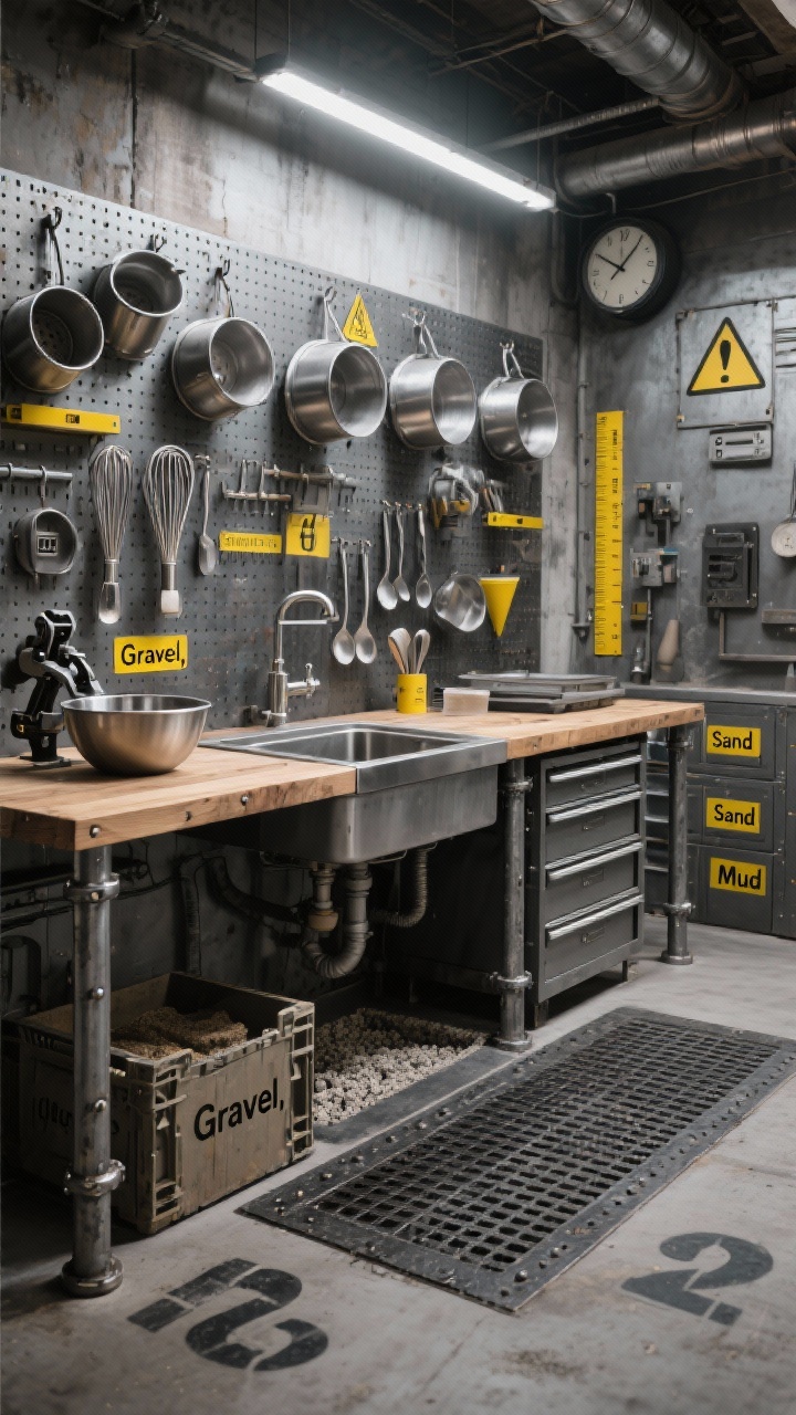 Photorealistic wide shot of an Industrial Workshop Kitchen: metal pipe legs supporting a butcher-block top, riveted metal accents, pegboard backing densely organized with colanders, whisks, funnels; grayscale palette with pops of hazard yellow on labels and accents; hand-crank vice holding a mixing bowl, magnetic strips with metal spoons; deep oil-drain pan sink plumbed to a gravel soak pit; sliding crates labeled “Gravel,” “Sand,” “Mud”; rubber mat flooring; stenciled numbers, measuring rulers, and a time clock vibe; crisp workshop lighting with subtle shadows.