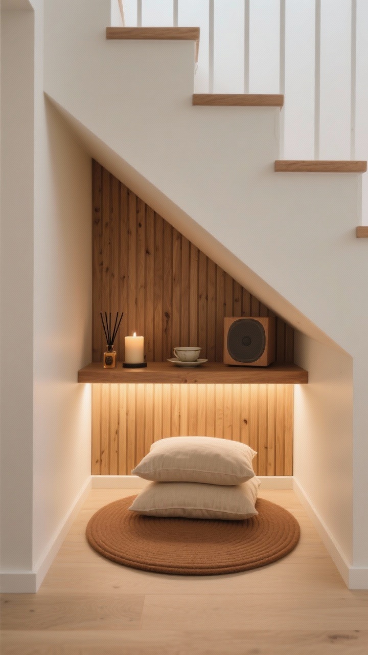 Photorealistic wide shot of an under-the-stairs zen alcove: awkward triangular space transformed with vertical slat wood panels on the back wall, a floating narrow oak shelf holding a candle, tiny speaker, and teacup. Rounded foam mat on the floor in clay or cocoa, two pillowy linen bolsters stacked in complementary neutrals. Hidden low LED strip under the shelf grazing the slats softly. Include a small scent diffuser (cedar/hinoki) on the shelf. Colors: honey wood, clay, taupe, soft white. Intentional, cozy luxury.