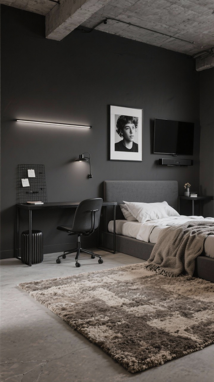 Photorealistic wide shot of an urban loft minimalist teen bedroom with charcoal walls and a low platform bed featuring a linen headboard; matte-black accents throughout, a large textured taupe/oatmeal wool rug grounding the space, a floating wall-mounted desk with an armless swivel chair, slim black metal nightstands, and a single oversized black-and-white gallery photograph centered above the bed; include a linear LED wall sconce, a fluted side table, a nubby throw on the bed, a wire grid board for notes, and a compact soundbar shelf beneath a wall-mounted TV; palette of charcoal, stone, black, and soft taupe; shot from a corner angle with soft, moody ambient lighting emphasizing clean lines and intentional minimalism.