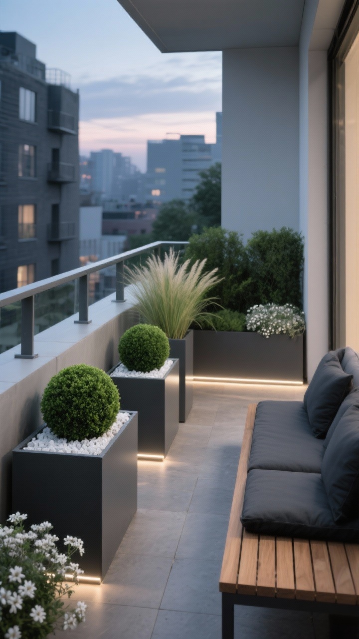 Photorealistic wide shot of an urban minimalist balcony at dusk with subtle LED strip lights tucked under railings; graphite/charcoal metal rectangular planter boxes in a tight palette of green, gray, and black with a kiss of white; each box holds one plant type: boxwood balls, horsetail reed, or feather reed grass, with underplanting of white bacopa or silver helichrysum; risers create varied heights so greenery layers at eye level; low-profile teak bench with charcoal cushions; clean lines, calm atmosphere; shot from a corner angle to show depth and order.