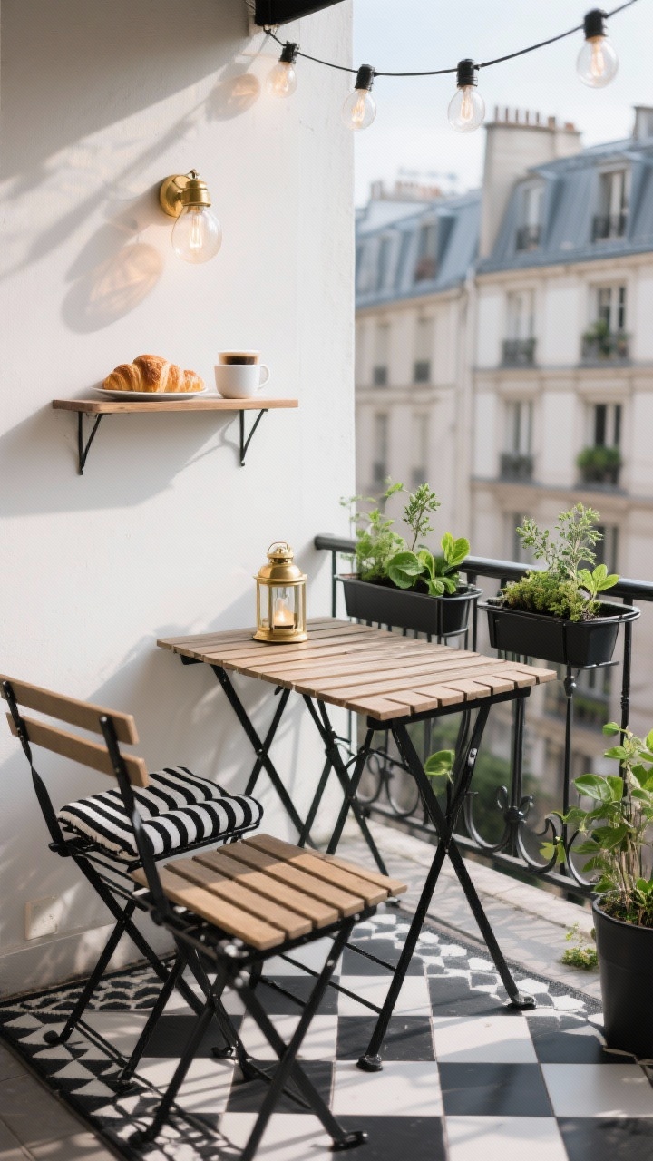 Photorealistic wide shot of an urban Parisian-style balcony bistro: folding bistro set with black iron legs and slatted wood tops, black-and-white striped seat cushions, black-and-white tile-look outdoor rug underfoot. Slim wall-mounted shelf holding croissant and espresso, metal rail planters with mini herb garden (thyme, basil, mint) along the railing. Simple cafe bulb string lights hung low overhead, small brass lantern on the table. Crisp palette of black, white, and natural wood with fresh greenery. Straight-on composition, morning light.