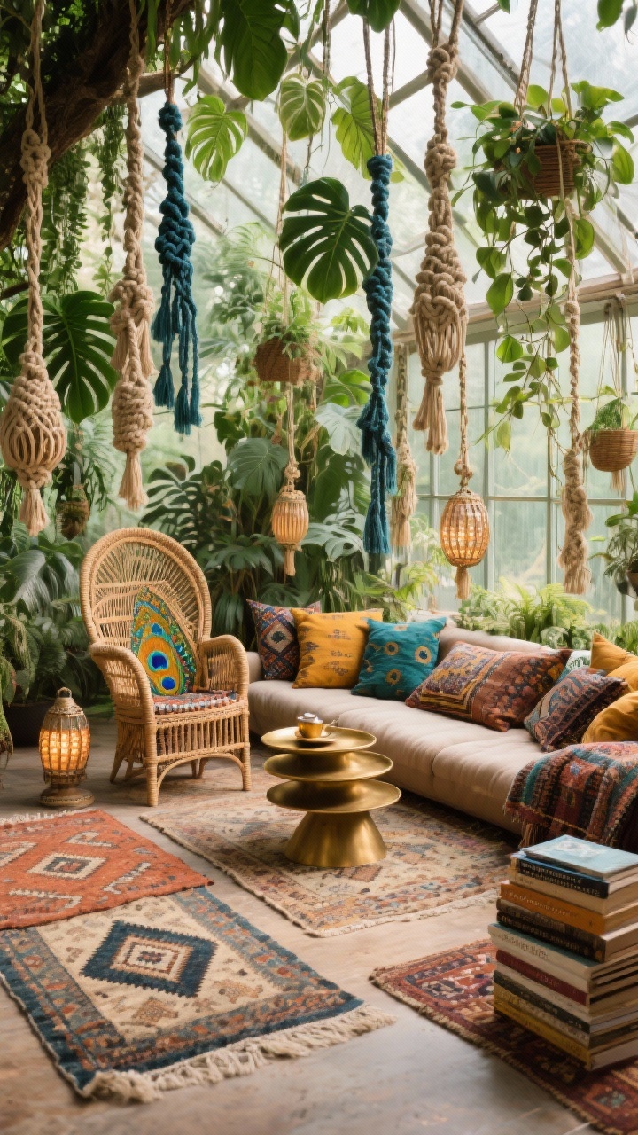 Photorealistic wide shot of “The Boho Conservatory”: a ceiling forest of macramé plant slings at varying heights with trailing philodendrons; layered floor with two or three patterned rugs (Moroccan diamond next to a faded kilim); low futon piled high with mudcloth and suzani pillows; natural rattan peacock chair; beaded lanterns, nested brass tables with brass trays for tea, a small stack of travel books; colors of rust, turmeric, peacock blue, emerald, and natural rattan; abundant, diffused daylight; slightly elevated corner perspective to showcase hanging jungle and layered textiles.