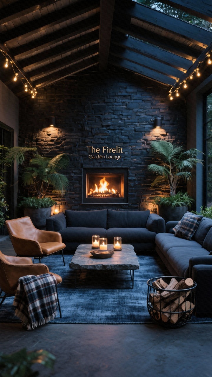 Photorealistic wide shot of “The Firelit Garden Lounge” at night: vented bioethanol fireplace or electric stove centered against a masonry-look wall panel; deep charcoal loveseat and two camel leather chairs gathered around a low stone coffee table like a hearth; slate-blue rug grounding the arrangement; iron log basket repurposed with folded plaid wool throws; string lights along rafters, uplights in large planters casting dramatic foliage shadows, candle hurricanes on the table; palette of charcoal, slate blue, camel, iron, evergreen; moody, reflective glass glow; straight-on hearth-focused composition.