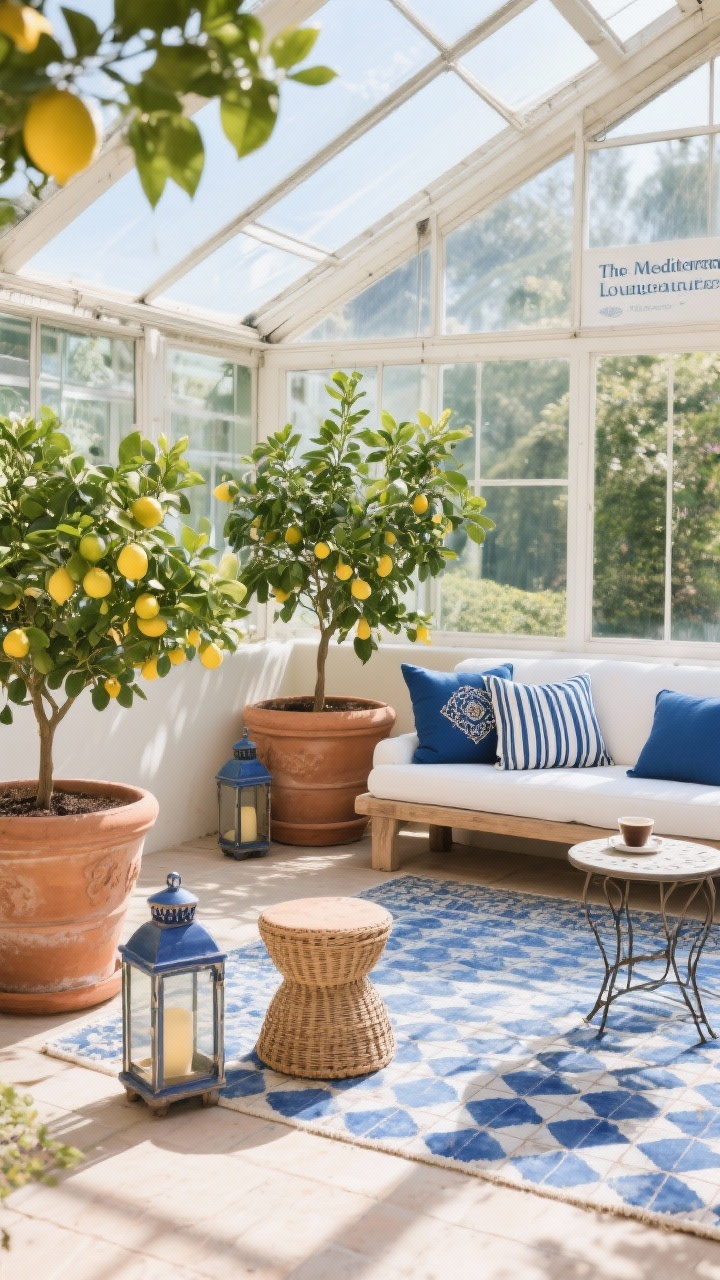 Photorealistic wide shot of “The Mediterranean Lounge” inside a sun-filled greenhouse: oversized terra cotta pots clustering potted citrus trees (Meyer lemon, calamondin) near a low whitewashed wood sofa with indigo cushions; blue-and-white encaustic-look rug suggesting tiled courtyard; striped bolsters and embroidered pillows; simple stucco-look planter bench doubling as extra seating; wicker lanterns, a ceramic garden stool, and a small metal bistro table set for espresso; colors of terra cotta, indigo, olive green, sun-washed blue; bright daytime light; slight diagonal viewpoint.
